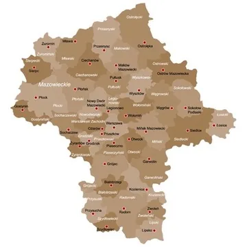 Mapa województwa mazowieckiego z zaznaczonymi miastami i powiatami — Warszawa, Piaseczno, Pruszków, Grodzisk Mazowiecki, Konstancin-Jeziorna